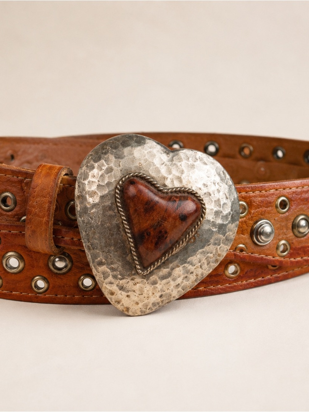 Chico’s M/L Leather Belt Heart Buckle Studded Grommet Western Boho Morocco 38”